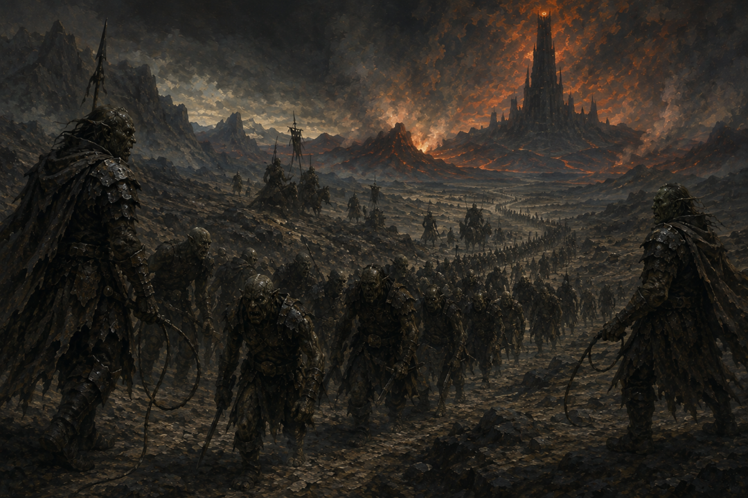 Orc companies driven by Uruk overseers beneath the distant shadow of Barad-dûr in Mordor.