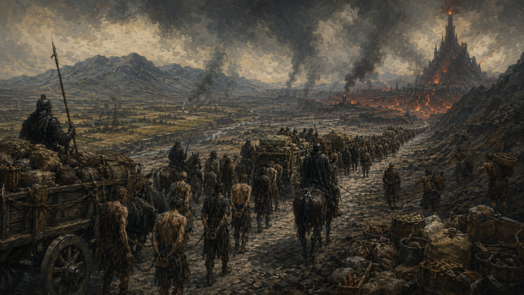 Wagon train of supplies and captives traveling toward Mordor along the roads connected to Nurn