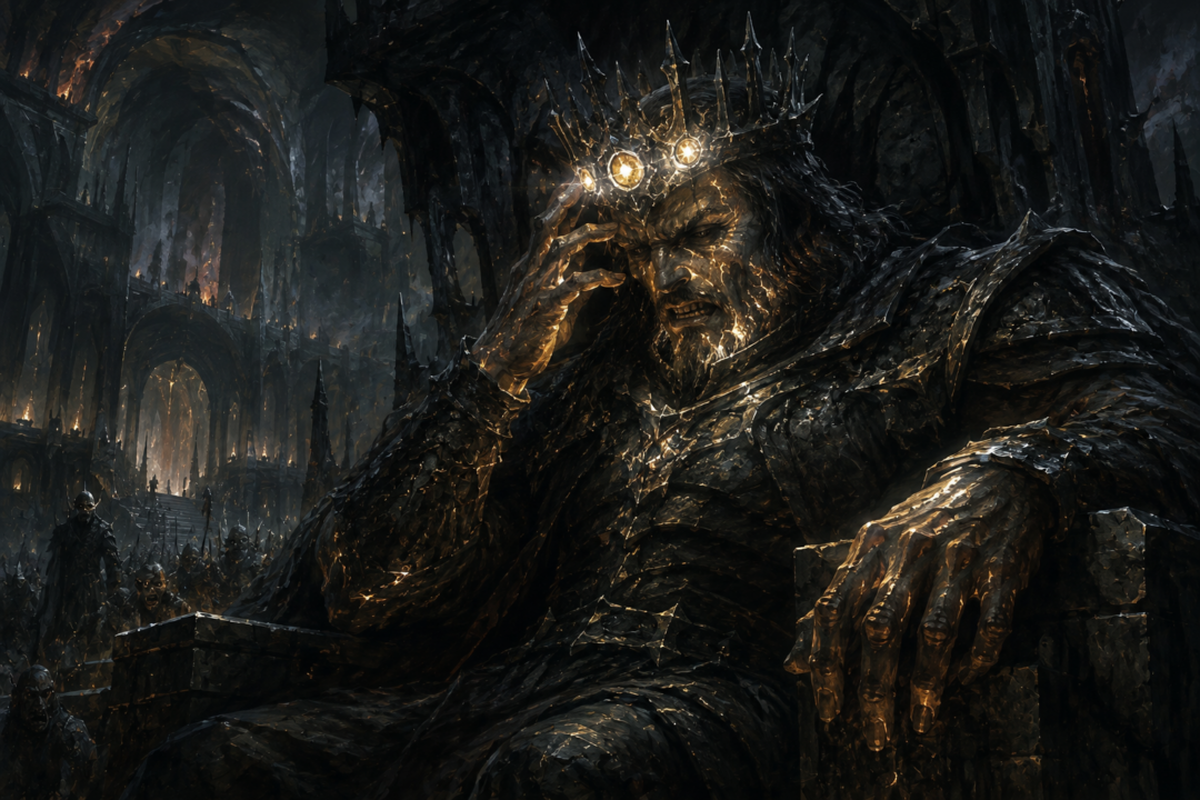 Morgoth wearing the Iron Crown while the hallowed Silmarils burn him in Angband