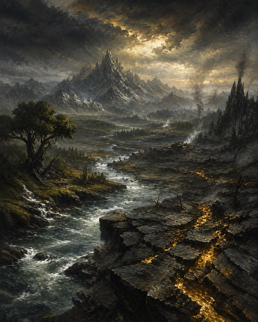 A mythic landscape of Arda showing subtle corruption in the earth and ominously glowing veins of gold.