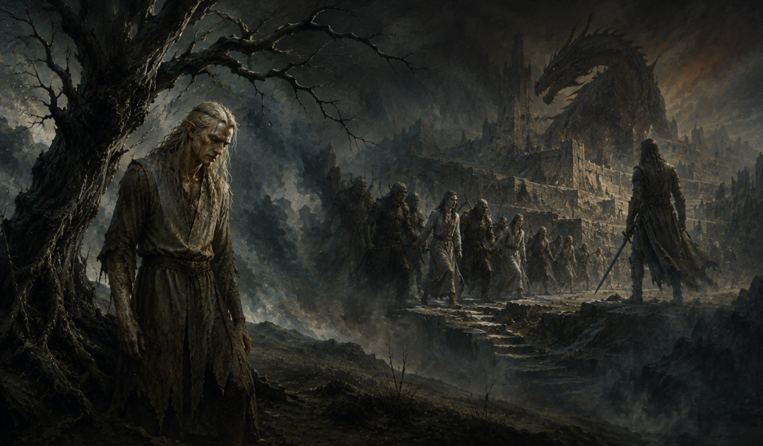 Symbolic First Age scene connecting Gwindor's escape from Angband with the later captives taken from fallen Nargothrond.