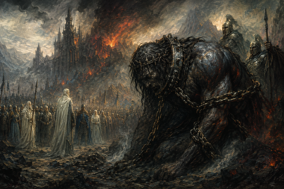 Morgoth bound with Angainor after his final defeat in the War of Wrath amid the ruins of Angband