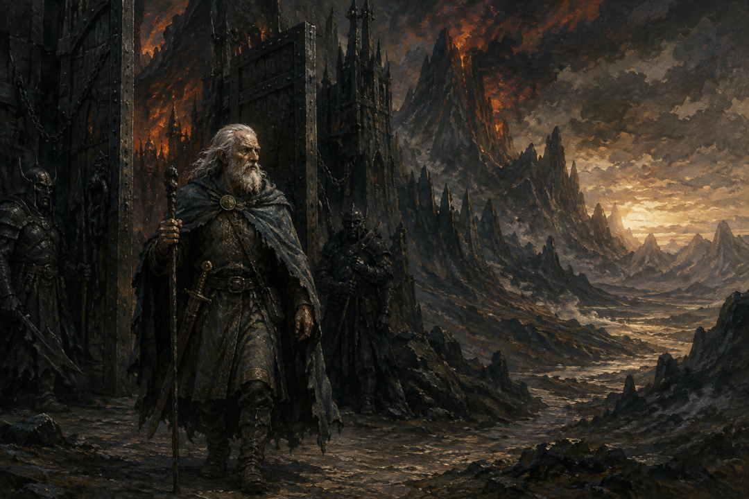 Húrin leaving the gates of Angband after decades of captivity under Morgoth.