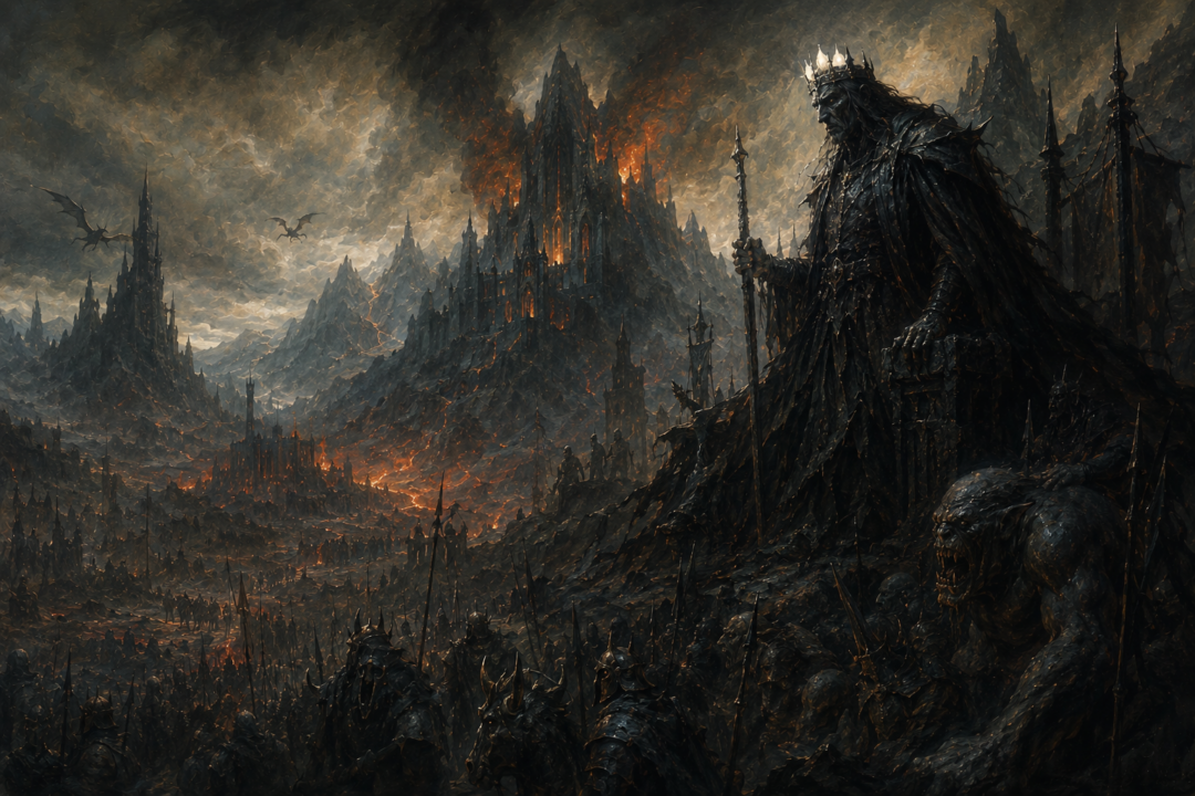 Morgoth wearing the stolen Silmarils beneath Thangorodrim as his power spreads through Angband