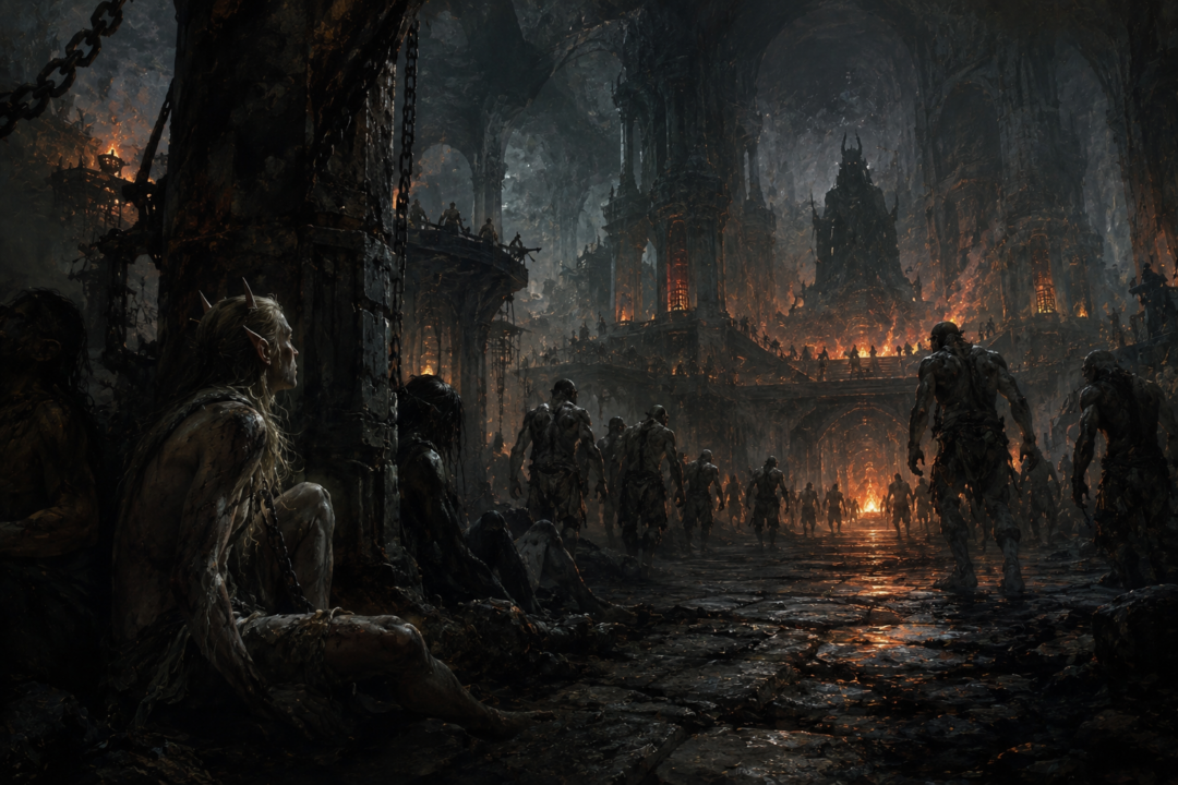 Dark halls of Utumno depicting Morgoth's corruption of captives and the emergence of Orc-like figures.