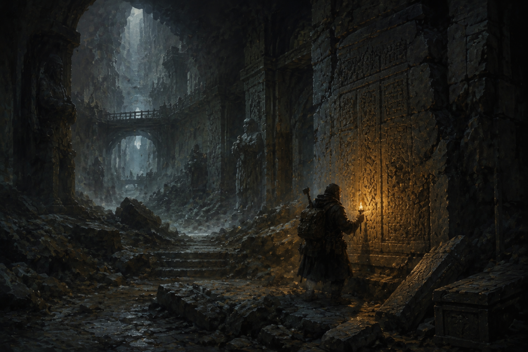 Ancient Moria chamber preserving forgotten Cirth inscriptions on stone walls