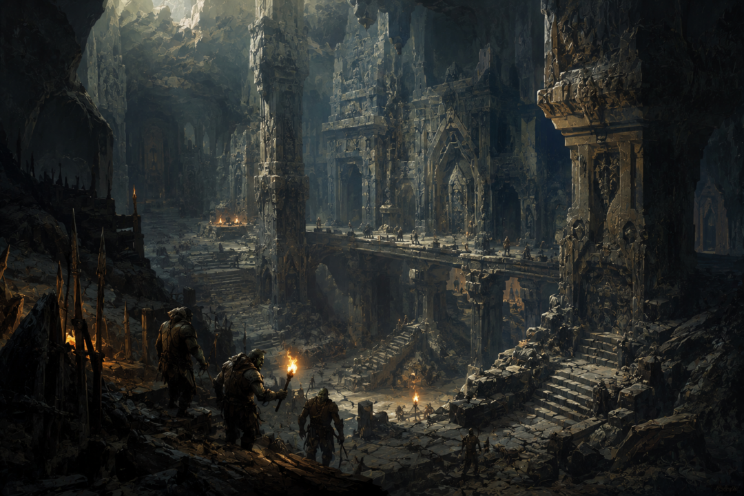 Orcs moving through the vast abandoned Dwarven halls of Moria beneath monumental ancient stonework.