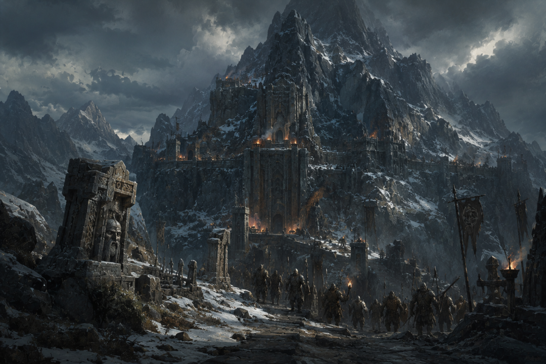 Mount Gundabad under Orc control with traces of its older Dwarvish history visible around the fortified entrances.