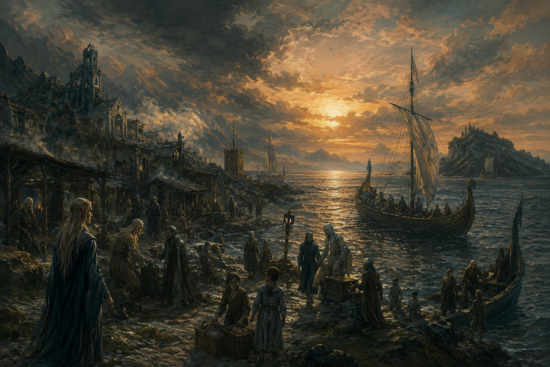 Refugees from Doriath and Gondolin gathered at the Mouths of Sirion with ships sailing toward Balar