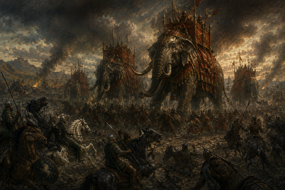 Mûmakil form defensive strongpoints while frightened Rohirrim horses refuse to approach them on the Pelennor Fields.
