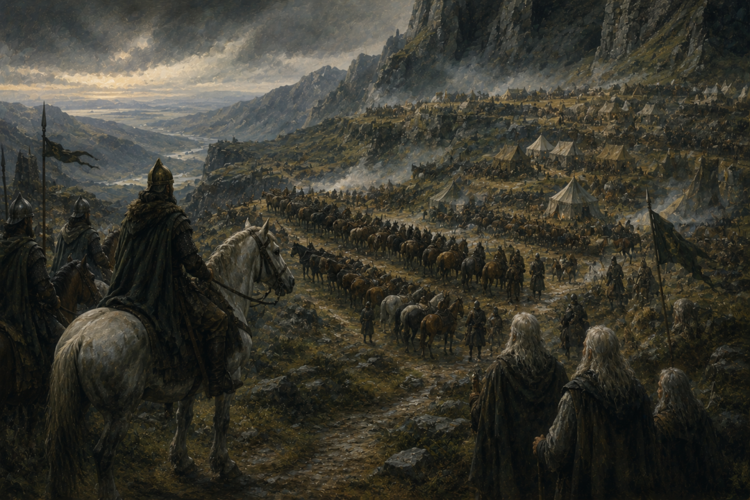 Riders, horses, tents and weapons gather at Dunharrow for the great muster of Rohan.