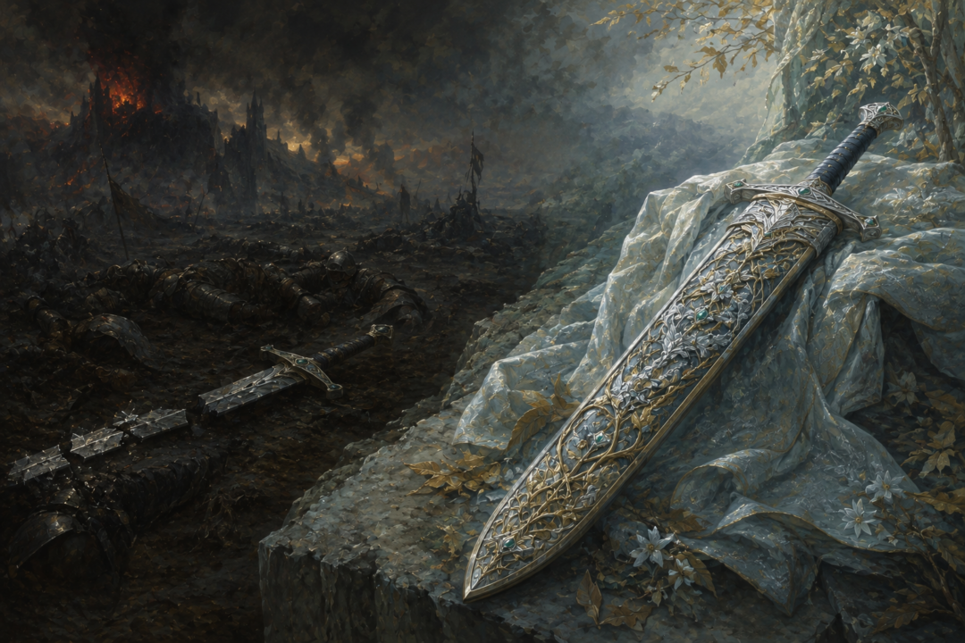 The shattered Narsil contrasted with the restored Andúril resting whole inside Galadriel's ornate Elven sheath.