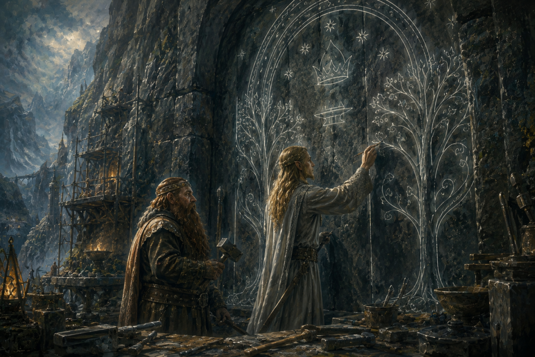 Narvi and Celebrimbor working together to create and decorate the Doors of Durin.