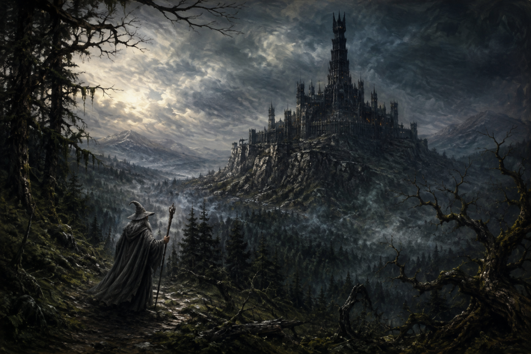 Dol Guldur rising above dark Mirkwood as Gandalf approaches the hidden stronghold of the Necromancer
