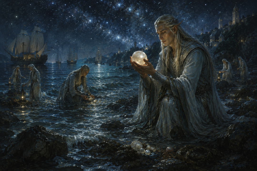 Falathrim Elves discover the luminous pearl Nimphelos in the starlit waters near the Isle of Balar.