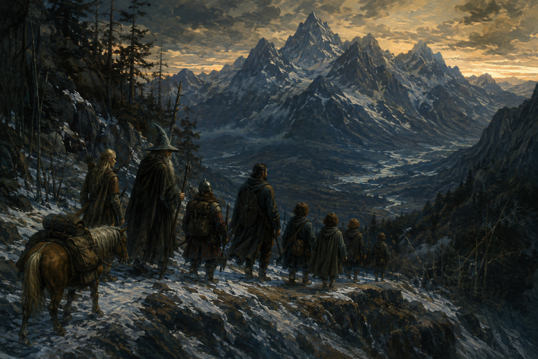 The Nine Walkers leaving Rivendell as a small expedition bound for the wild lands of Middle-earth