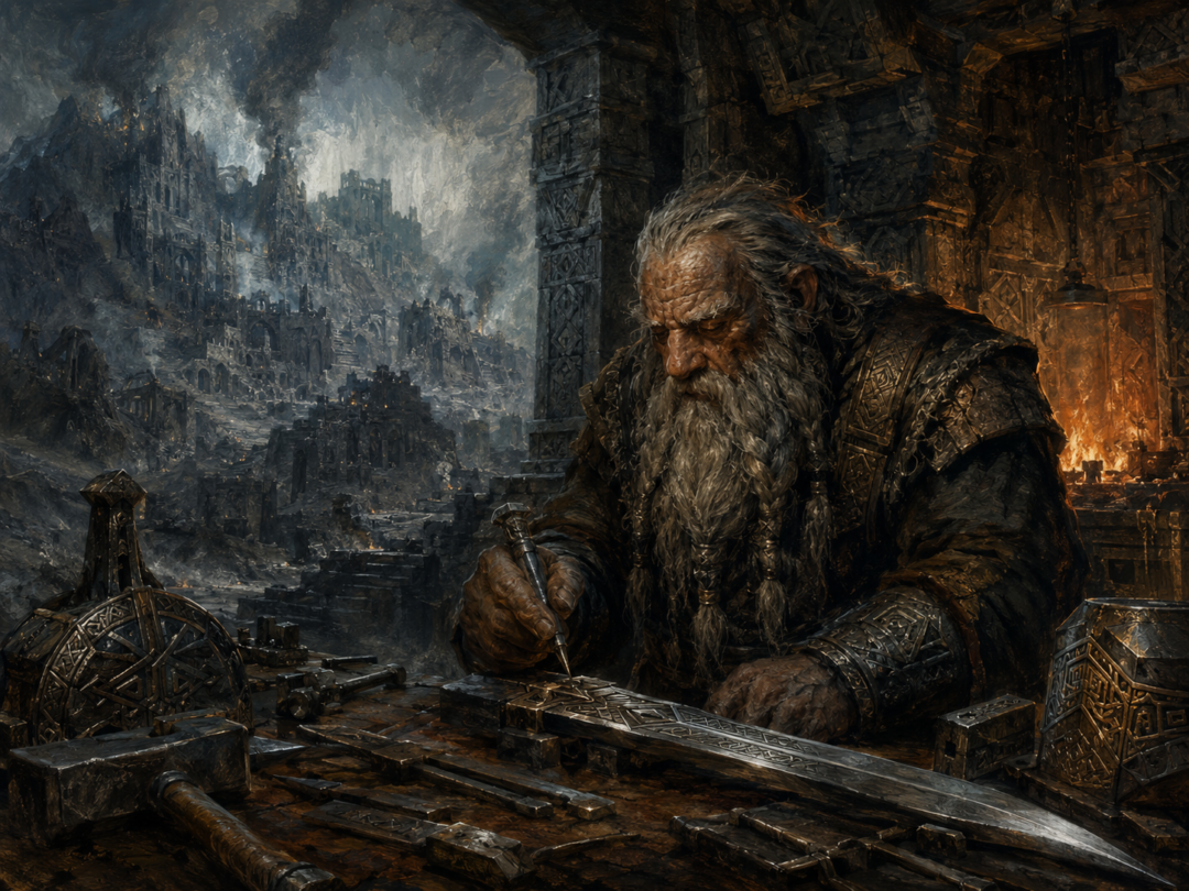 An elderly refugee smith from Nogrod continuing his craft at a forge within Khazad-dûm.