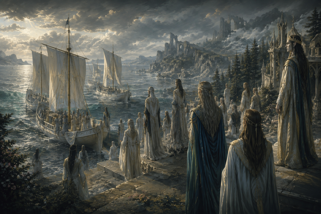 Noldorin Elves at the Grey Havens choosing between sailing West and remaining in Middle-earth after the War of Wrath.