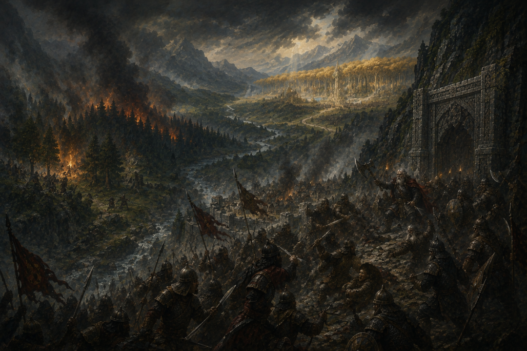 Symbolic view of simultaneous attacks on Dale, Mirkwood, and Lórien during the northern War of the Ring.