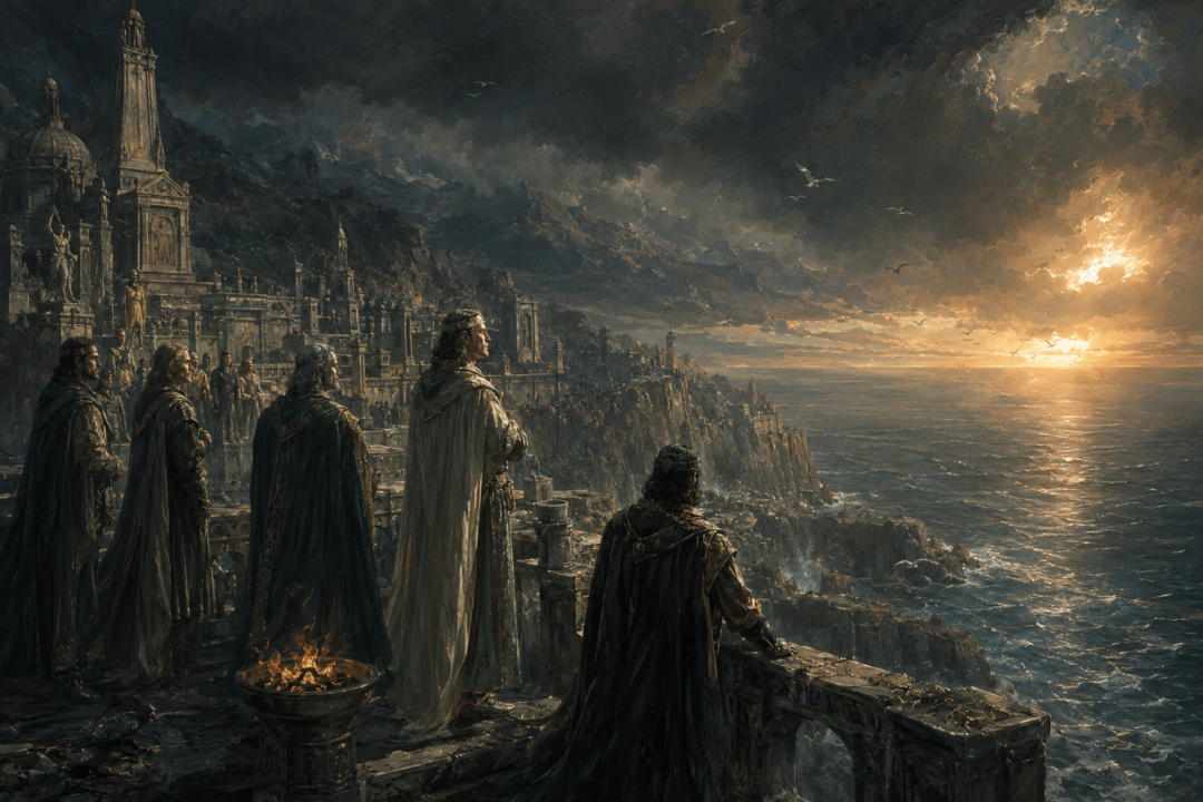 Númenórean nobles look west across the sea toward the Undying Lands as fear of mortality grows in Númenor.
