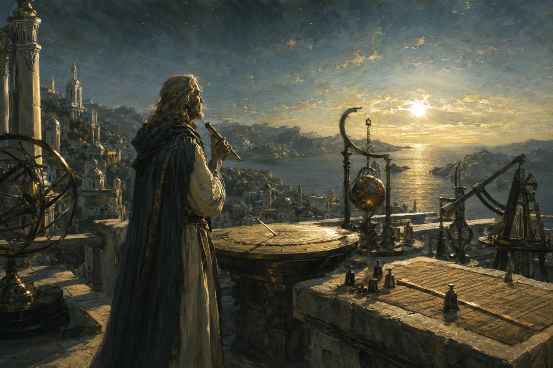 Númenórean astronomer observing the heavens while developing the ancient King's Reckoning calendar