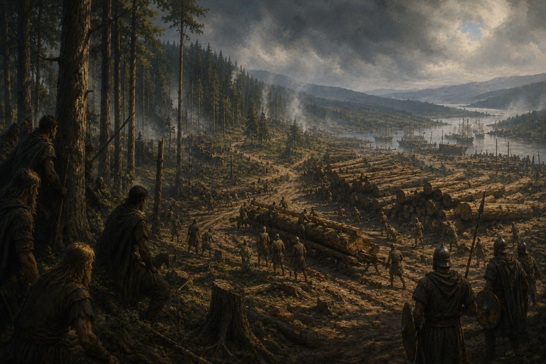 Númenórean timber operations cutting through the forests of Minhiriath and Enedwaith as local inhabitants watch from the remaining woodland.