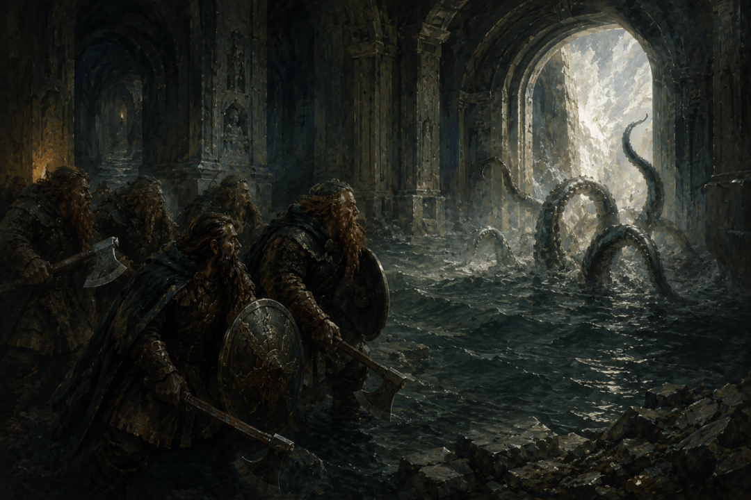 Óin and other Dwarves confront the Watcher in the Water as their escape through Moria’s West-gate fails.