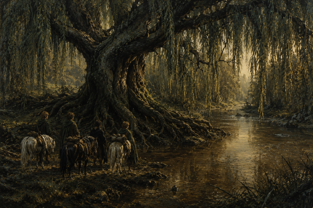 Exhausted hobbits reaching Old Man Willow beside the Withywindle after being drawn south through the Old Forest