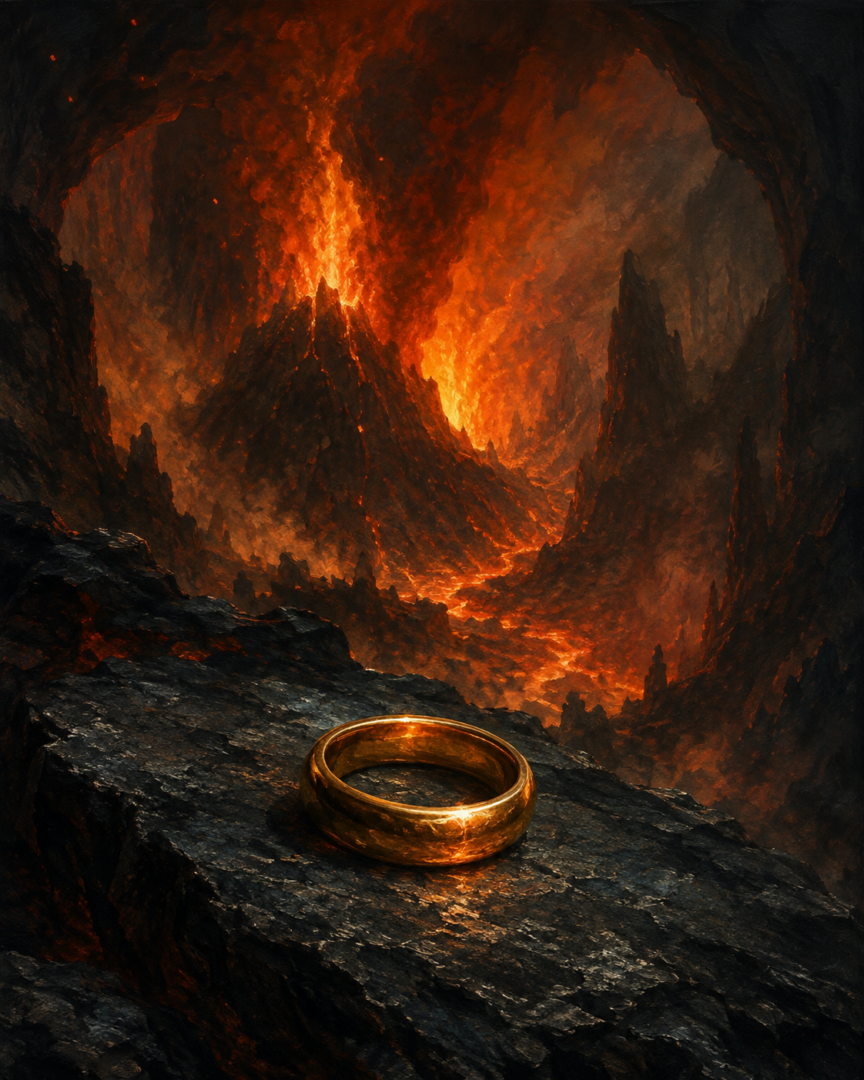 The plain golden One Ring resting on dark volcanic stone near the fires of Mount Doom.