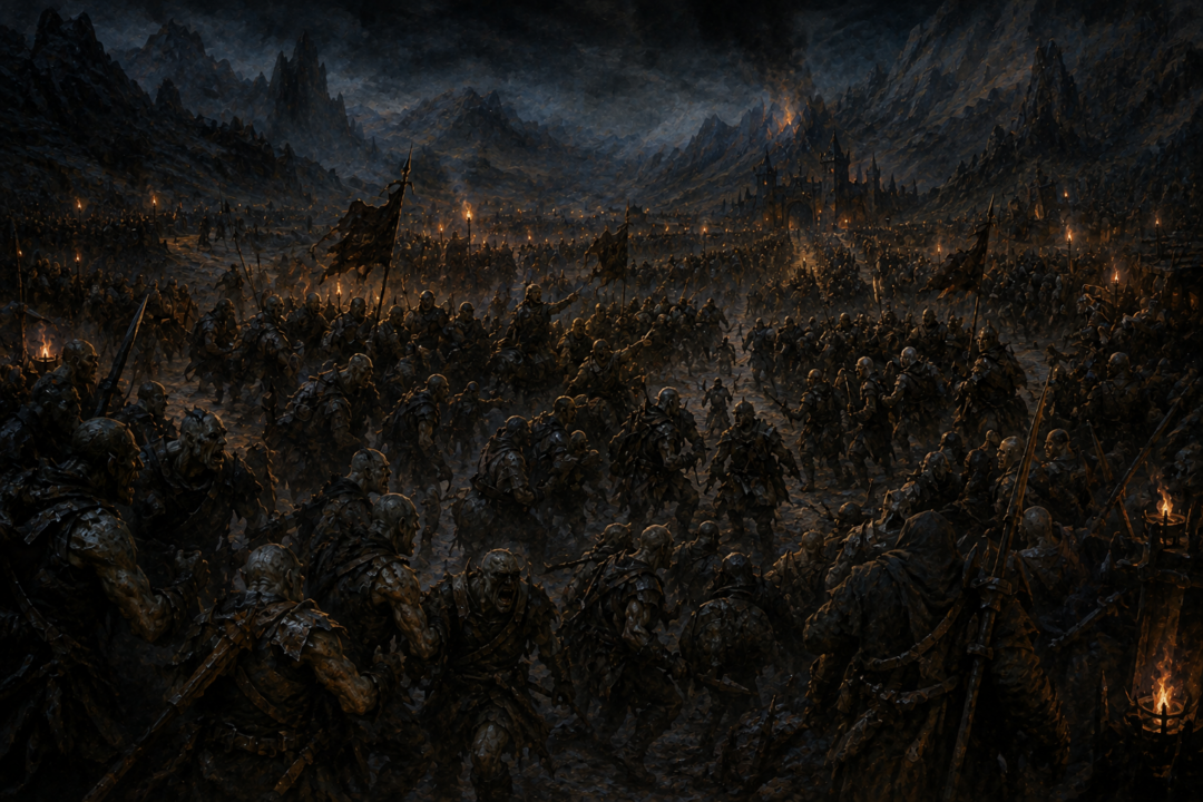 Orc companies colliding at a crowded road junction near Udûn while Frodo and Sam remain hidden among the troops.