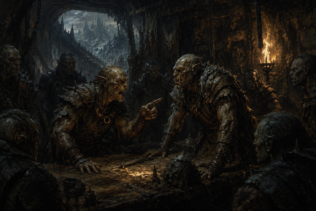 Two Orc captains arguing inside a torchlit guard-post near Cirith Ungol.