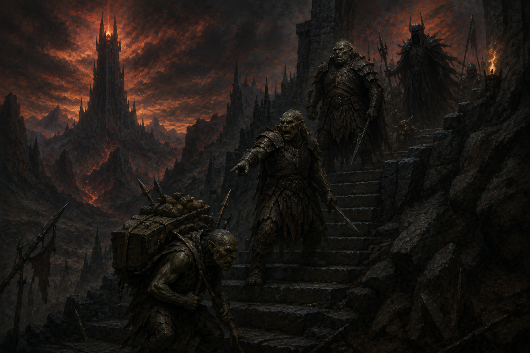Lesser Orcs, Uruk soldiers, and commanders depicted as a chain of domination beneath the powers of Mordor.