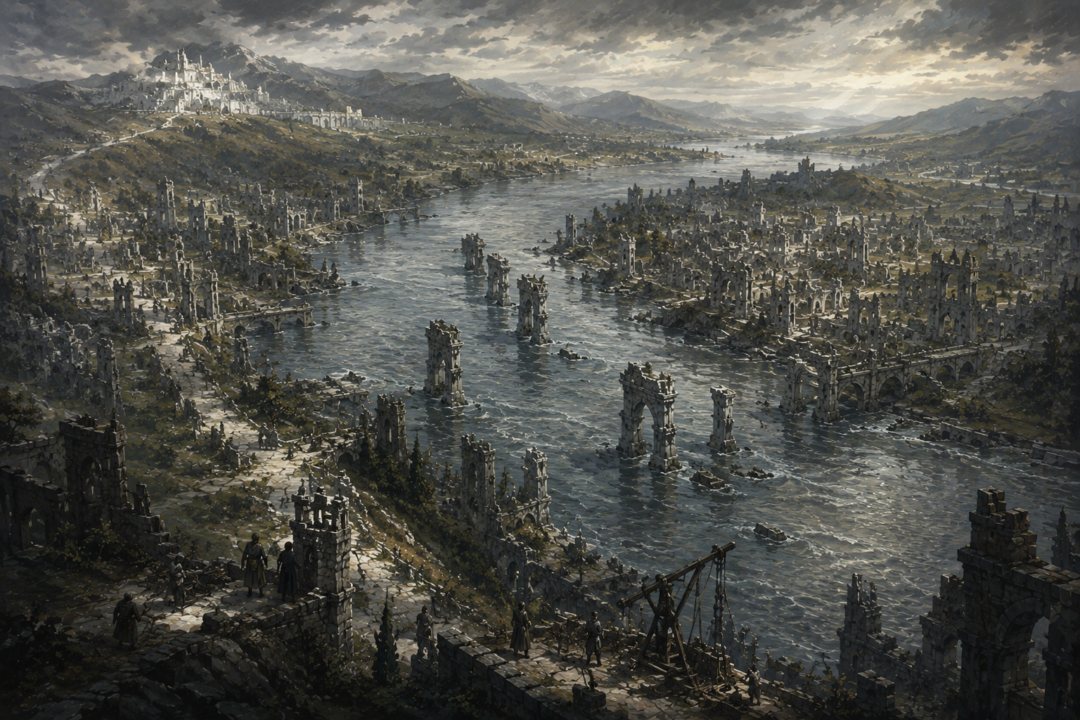 A high view of Osgiliath showing the Anduin dividing the ruined city and its shattered river crossings.