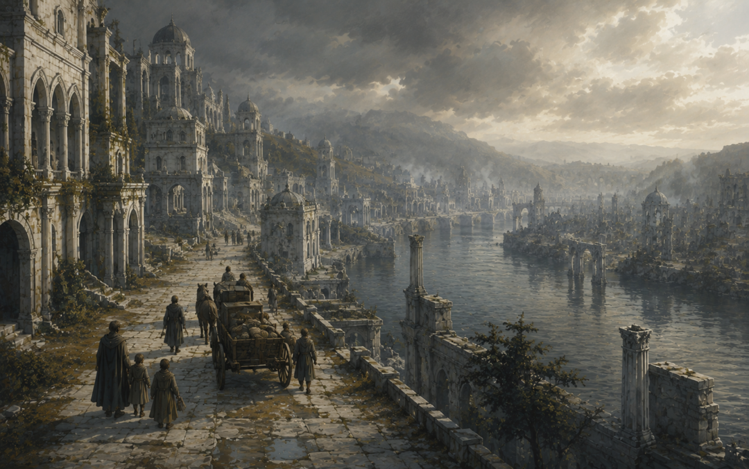 Gondorians leaving increasingly deserted Osgiliath during its long decline after the Great Plague.