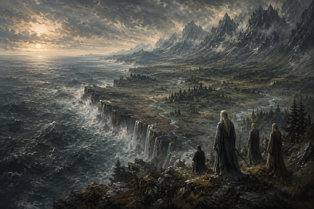 Elven survivors overlooking the new western sea from the surviving lands of former Ossiriand