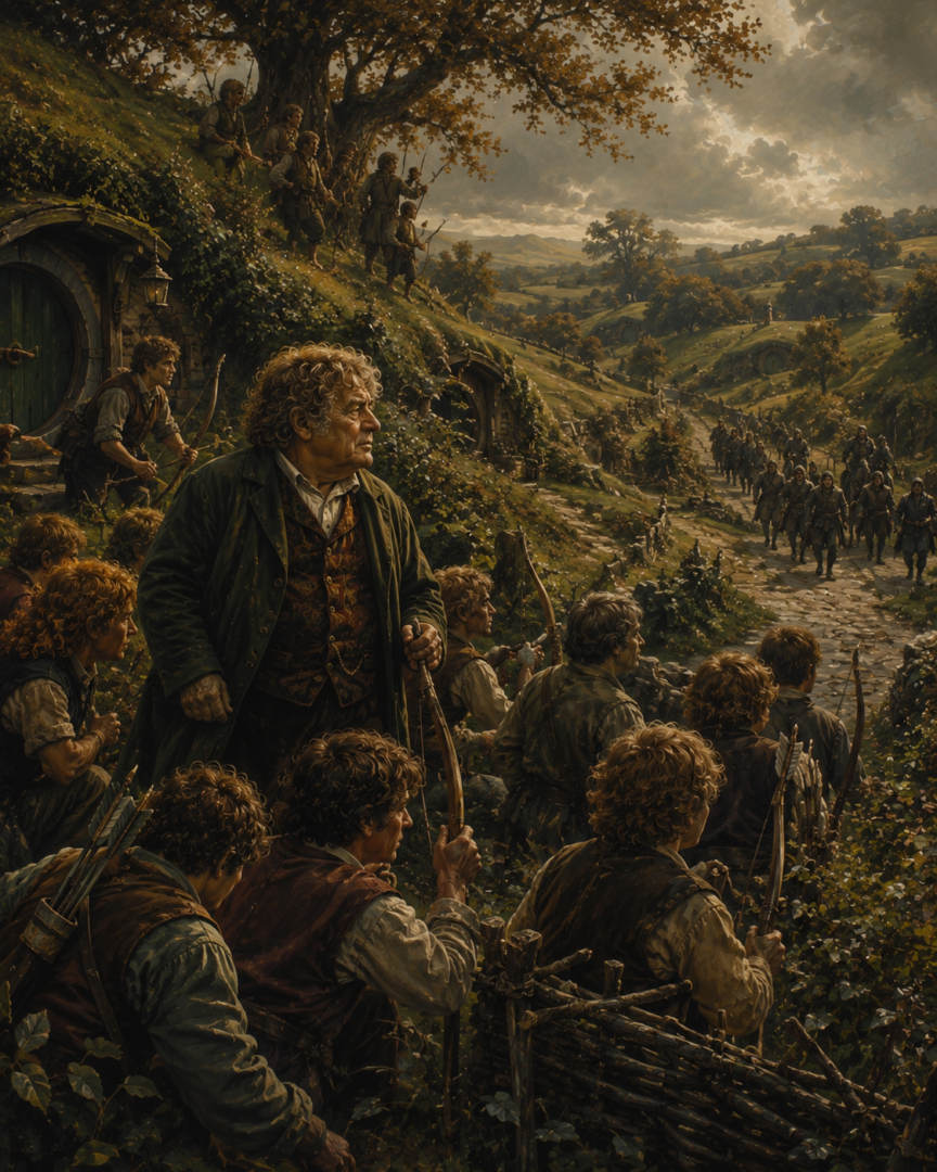 Thain Paladin Took and armed Tooks defending the Great Smials from ruffians during the occupation of the Shire.