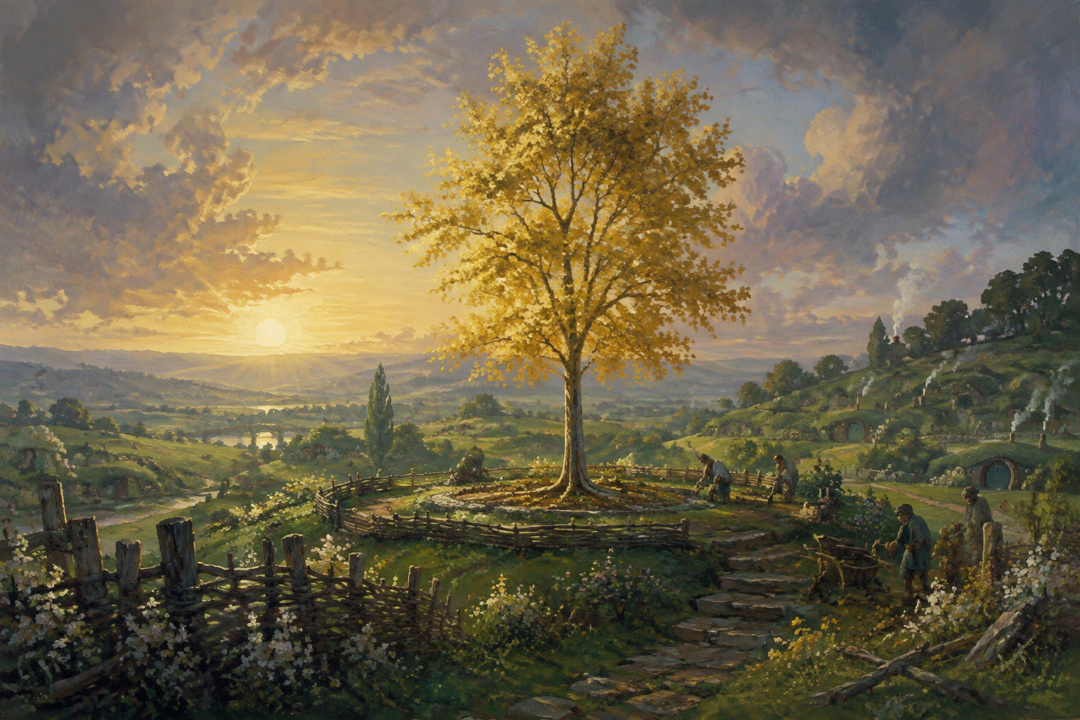 A golden mallorn tree growing in Hobbiton as the replacement for the lost Party Tree