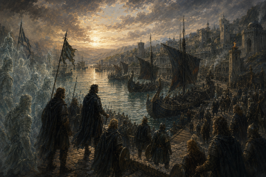 Southern Gondorian forces gathering at Pelargir after the Corsair fleet is defeated