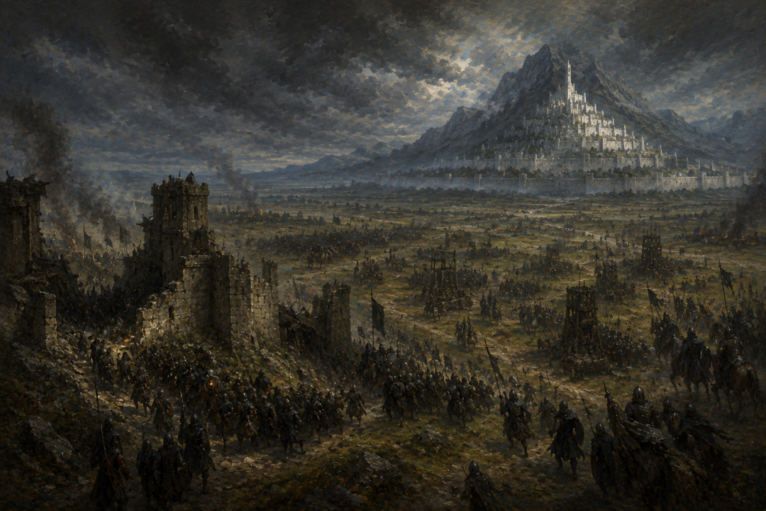 Enemy armies spread through the breached Rammas Echor and across the Pelennor before fully surrounding Minas Tirith.