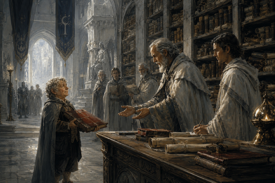Elderly Peregrin Took bringing the Thain’s Book into the archives of Minas Tirith