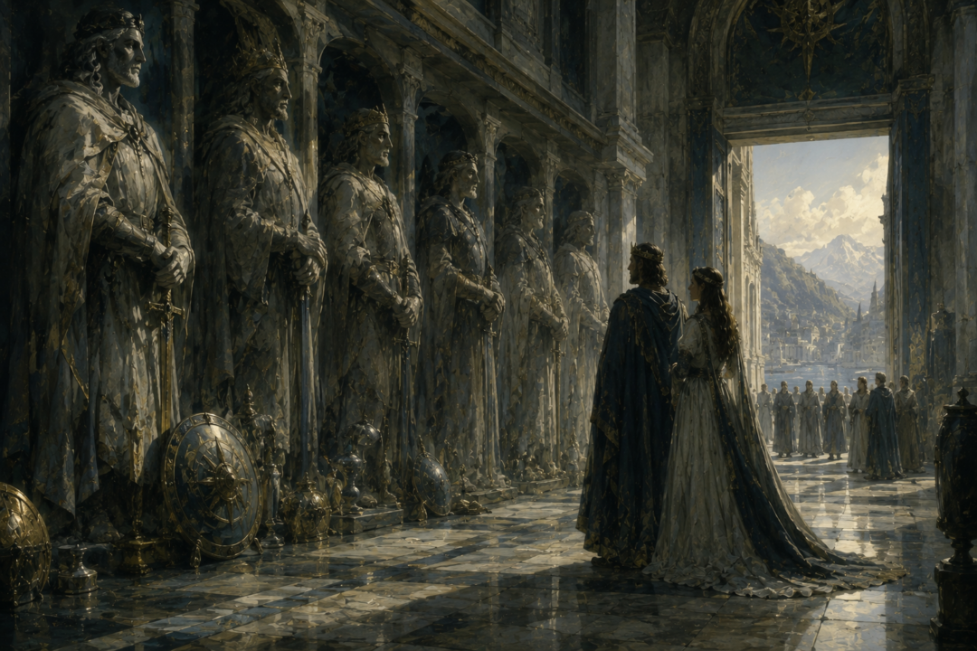 Pharazôn challenges Míriel's rightful succession to the Sceptre of Númenor in a tense royal hall.