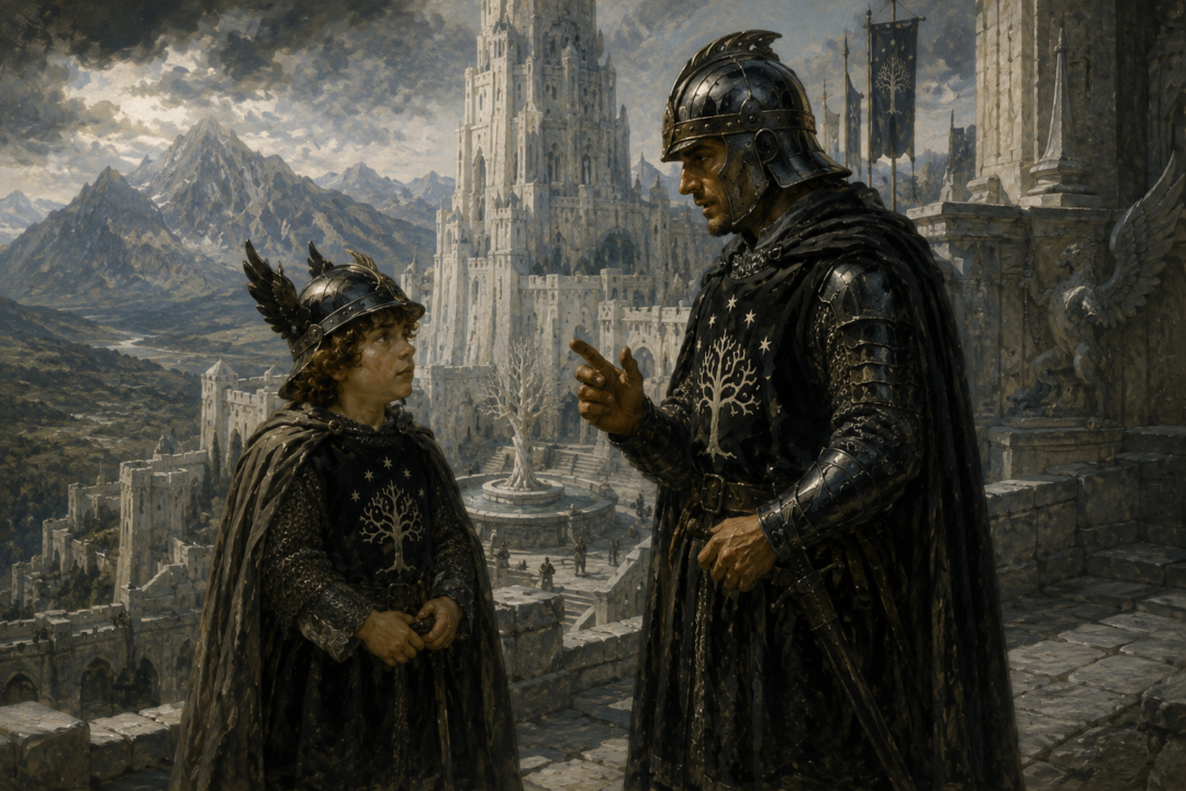 Beregond instructing Pippin in the duties and customs of the Guard of the Citadel.