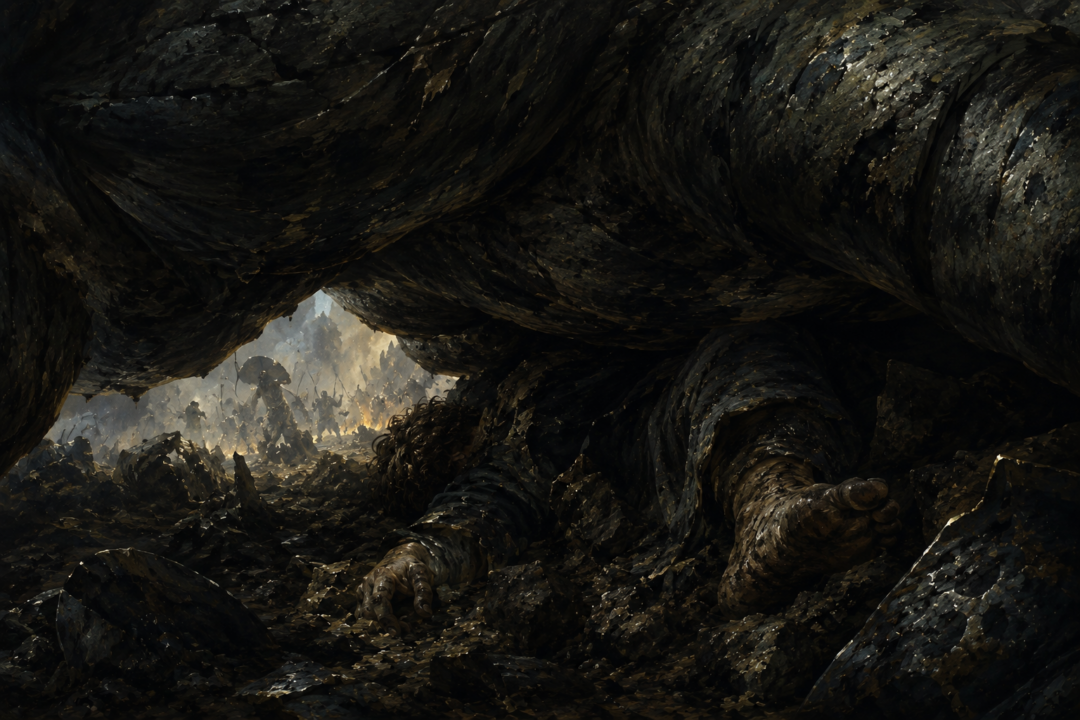 Pippin lies trapped beneath the enormous fallen troll after his desperate attack at the Black Gate.