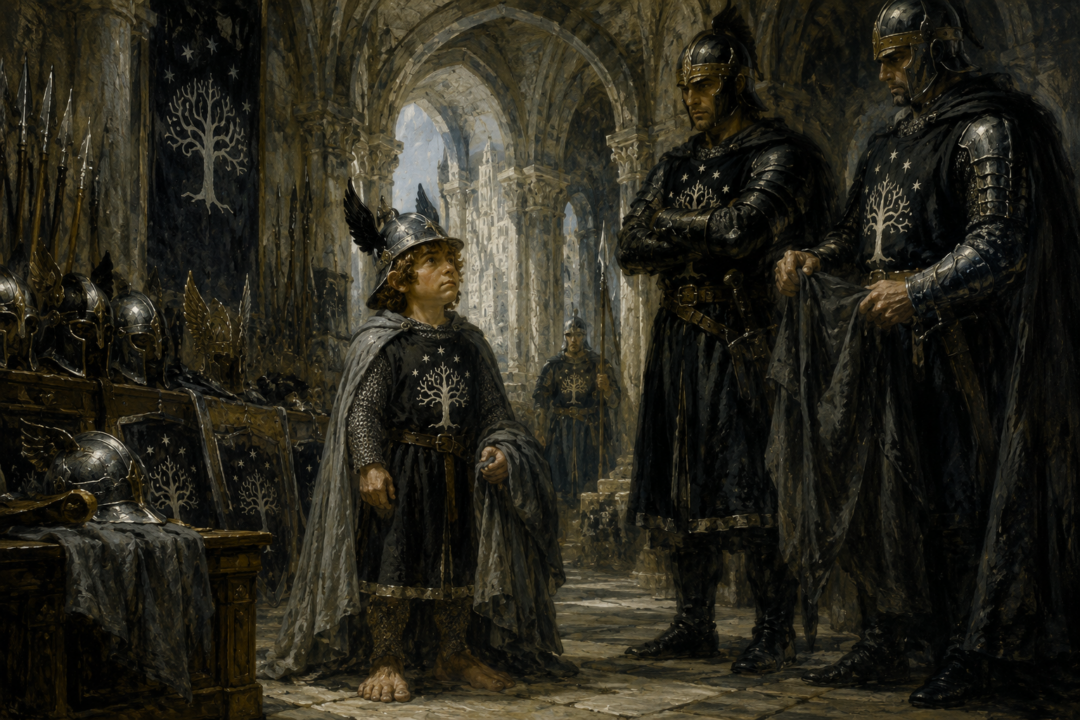 Pippin newly dressed in the black and silver livery of the Guard of the Citadel in Minas Tirith.