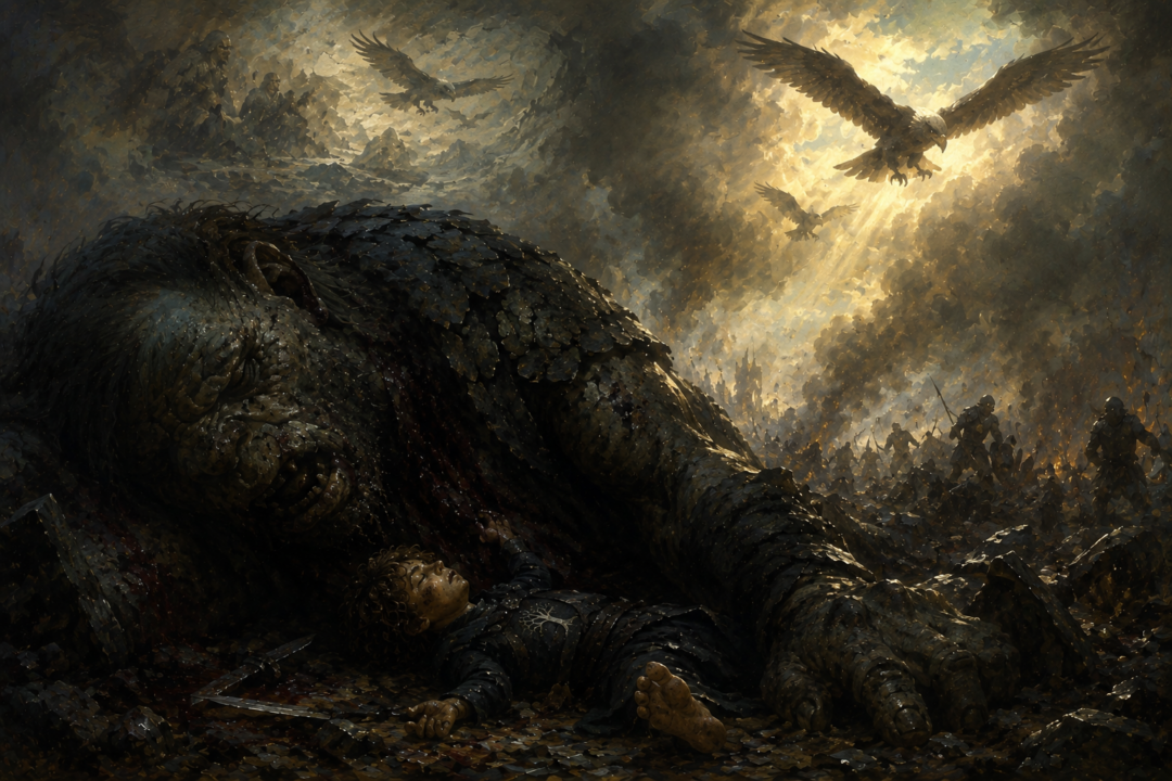 Eagles arrive above the Battle of the Morannon as the injured Pippin loses consciousness beneath the troll.