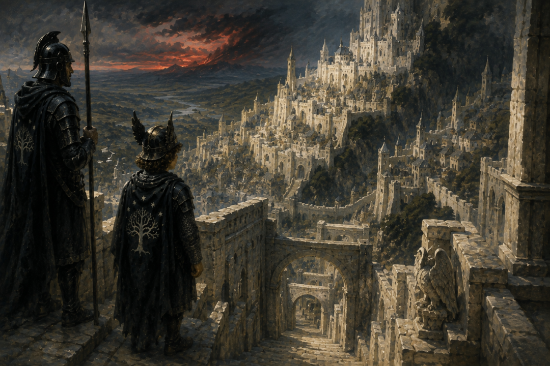 Pippin in Citadel livery looking down through the guarded levels of Minas Tirith.