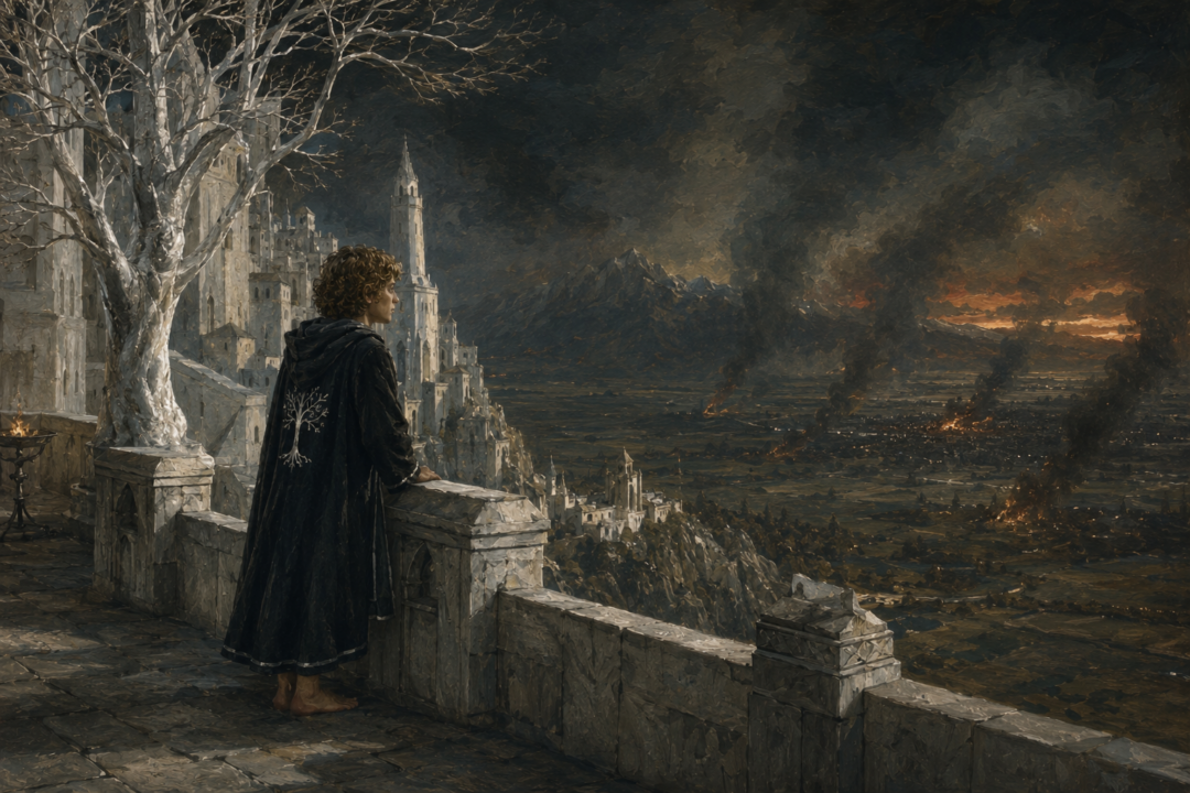 Pippin standing as a Guard of the Citadel during the siege of Minas Tirith