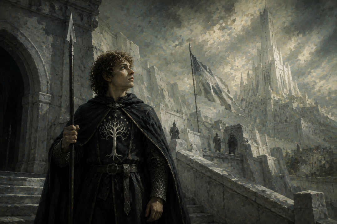 Pippin serving as a guard of Gondor in the Citadel of Minas Tirith