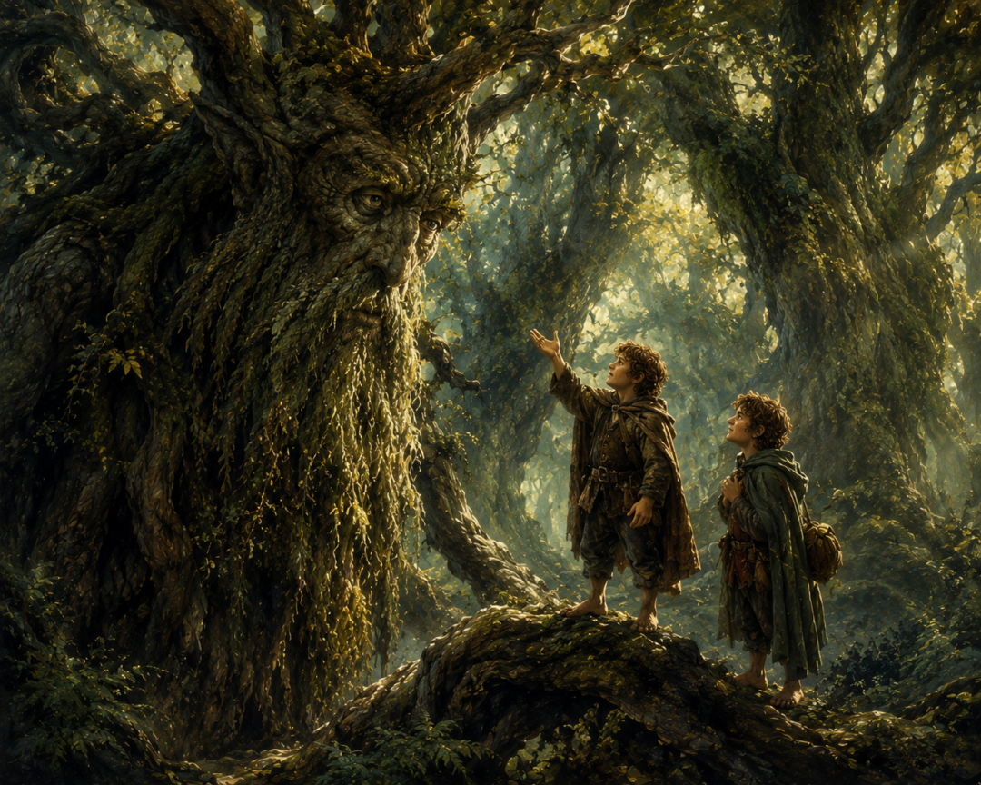 Pippin proposes adding Hobbits to Treebeard’s ancient lore as Merry listens in Fangorn Forest.