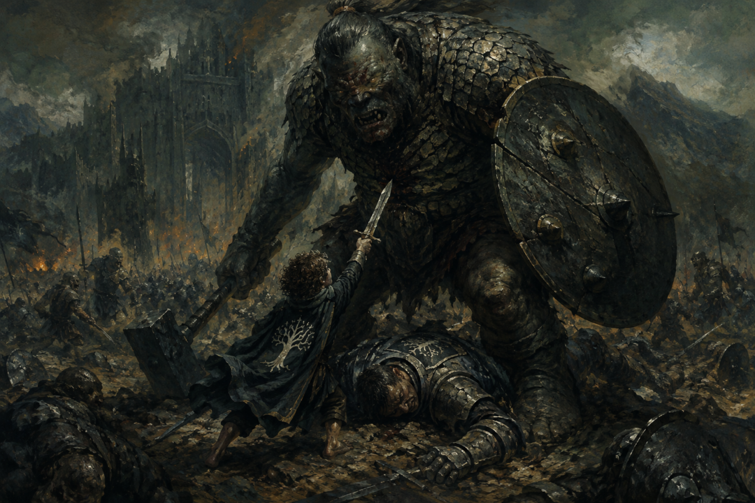 Pippin stabs the hill-troll chief attacking Beregond during the Battle of the Morannon.